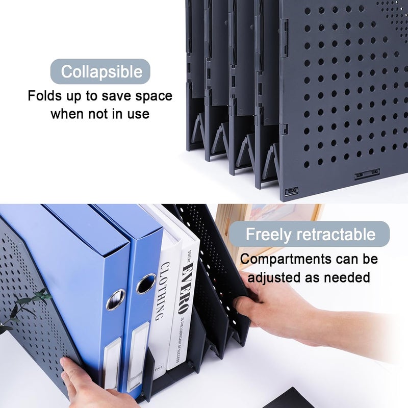 FRETONBA Collapsible Magazine File Holder with 4 Vertical Compartments Foldable Binder Holder for Desk Binder Storage Organizer Plastic Magazine Holders for Shelf, Dark Gray - Image 4